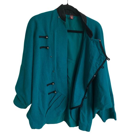 Vintage Blue Green Chinese Corduroy Embroidered Fish Sweater Jacket Sz M (apprx) - Picture 3 of 16